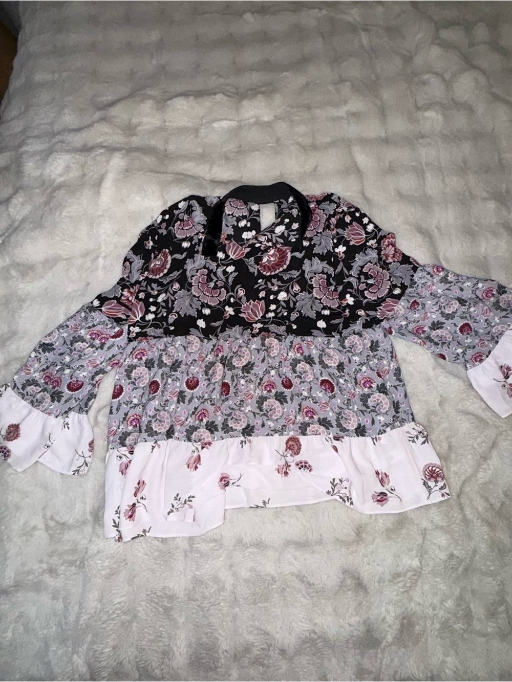 Floral Tiered Blouse in Black, Gray & Light Pink